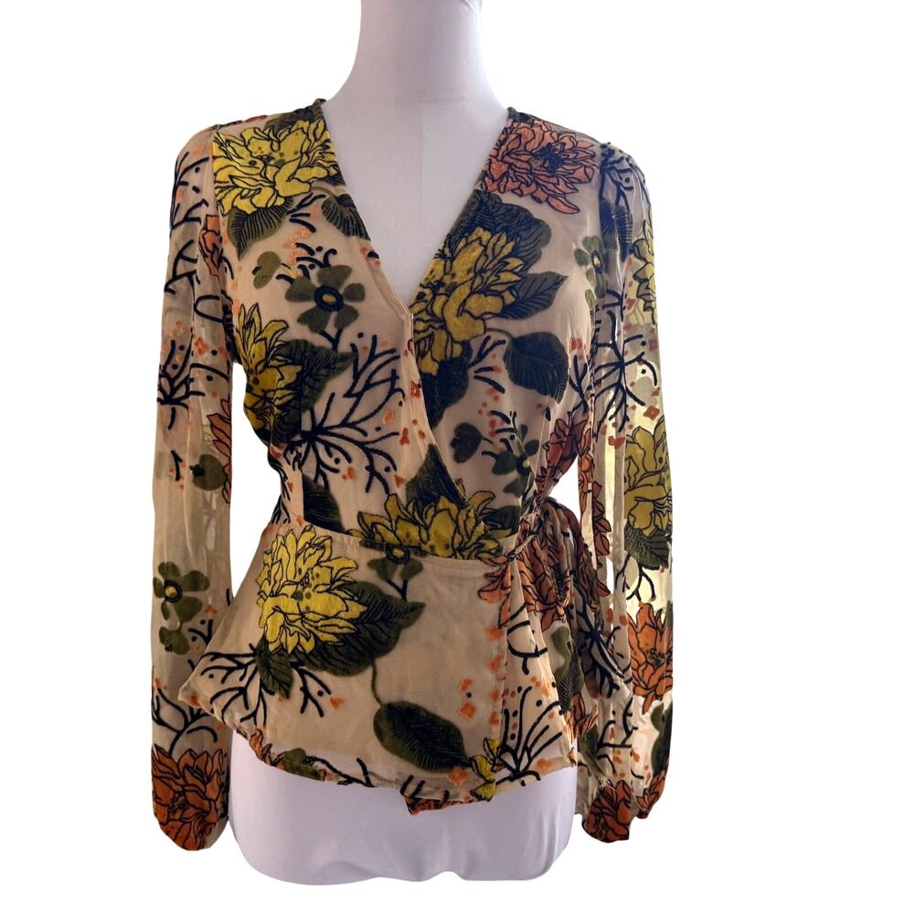 ASTR XS Floral Burnout Velvet Wrap Blouse Sheer Long Sleeve Fall Autumn V Neck